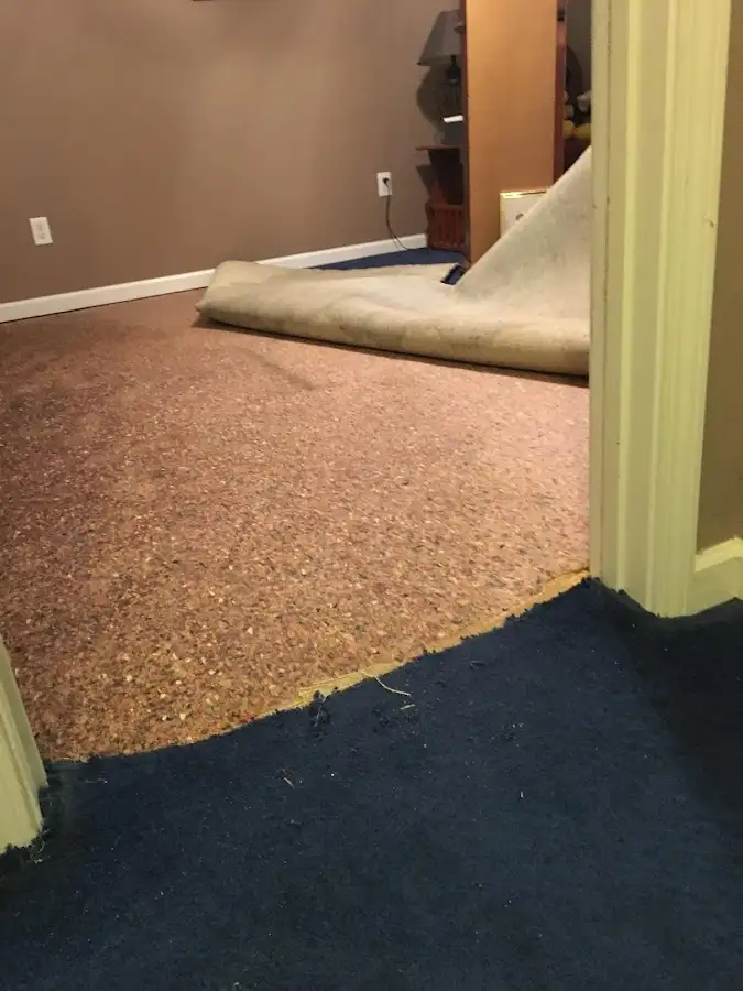 Carpet pad removal revealing water damage during Water Mitigation Services in Gautier